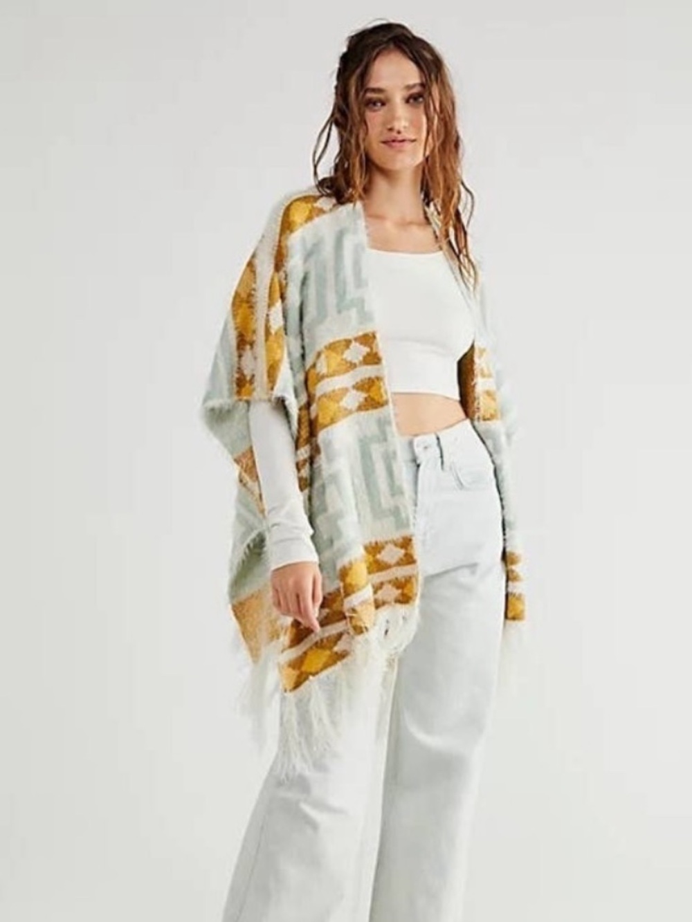 Free People Diamondback Cozy Kimono Aztec Fringe Open Front Long 3/4 One Size
